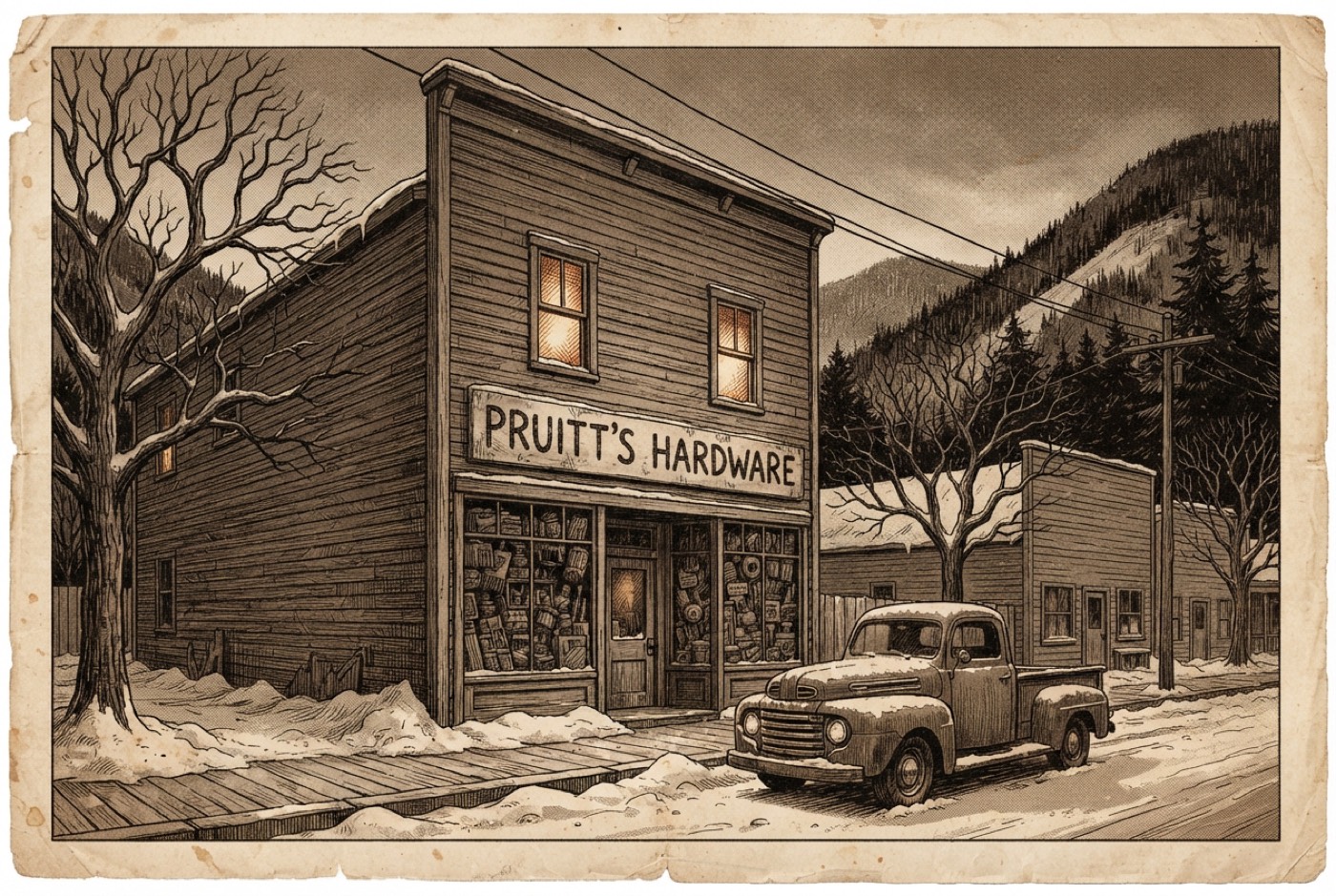 The hardware store on Cedar Street, drawn from memory